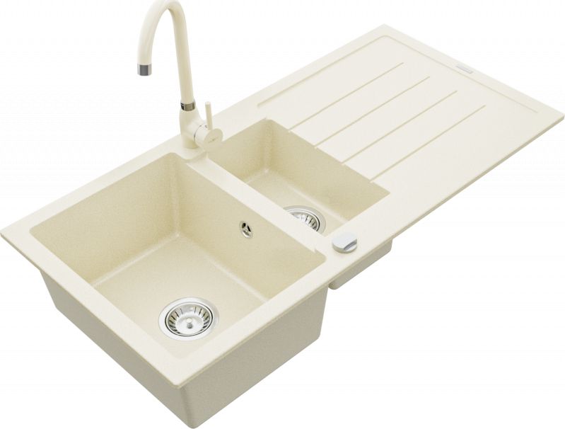 Zlewozmywak Mexen Andres granitowy 1,5-komorowy z ociekaczem i baterią kuchenną Telma, beżowy - 6515-69-670200-69