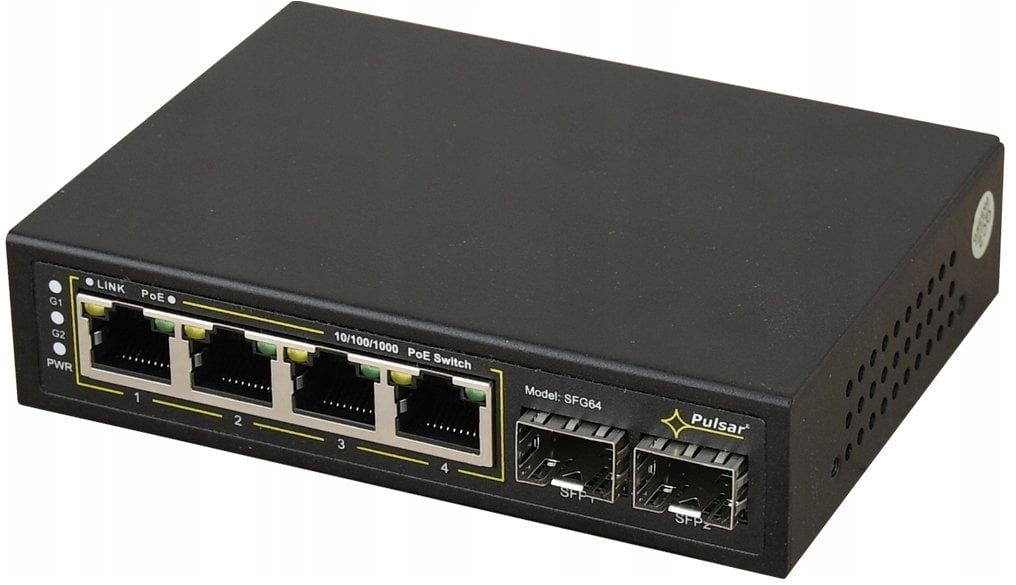 SFG64WP PULSAR Switch PoE 6-portowy Gigabit Ethernet 4xPoE+ 2xSFP 60W bez zasilacza