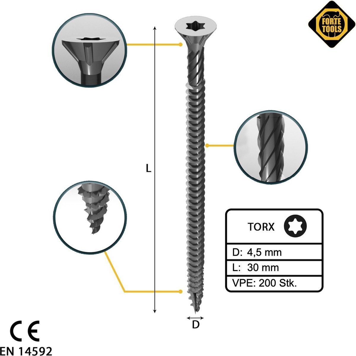 CHIPBOARD SCR T20 4.5X30 WHITE ZN(200)