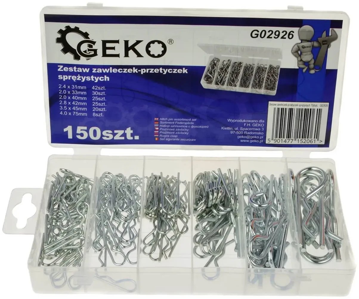 Geko Uniwersalny zestaw zawleczek - przetyczek sprężystych, 150 sztuk