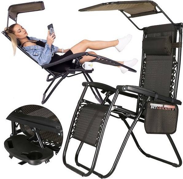 Springos Leżak ogrodowy grawitacyjny regulowany z daszkiem czarny UNIWERSALNY