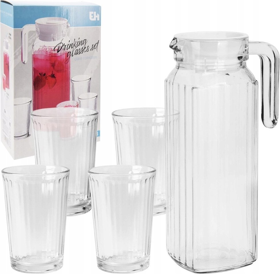 Excellent Houseware Szklanki i dzbanek szklany z pokrywką 1,1 l / 190 ml 5 el.