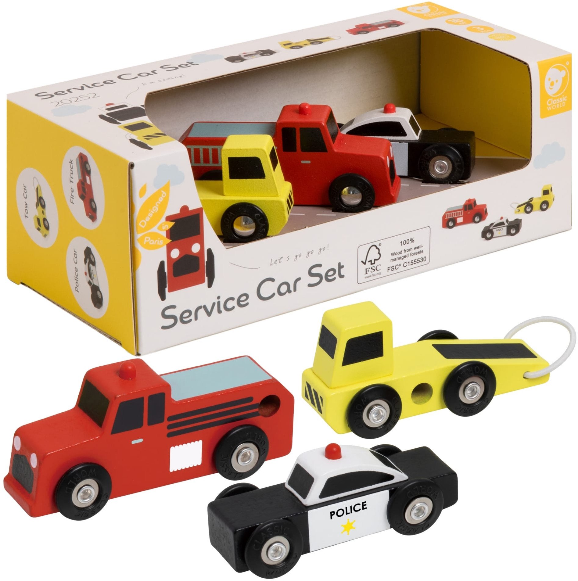 CLASSIC WORLD Drewniane Samochodziki Policja Straż Laweta Zestaw 3 szt.