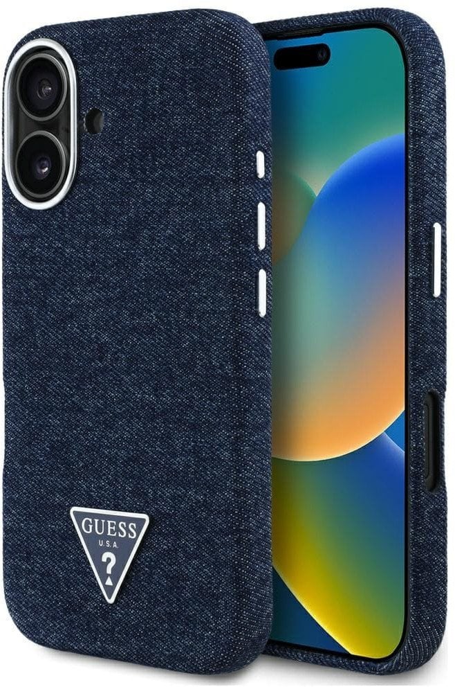 Etui Guess Denim Triangle Logo MagSafe do iPhone 16 niebieski