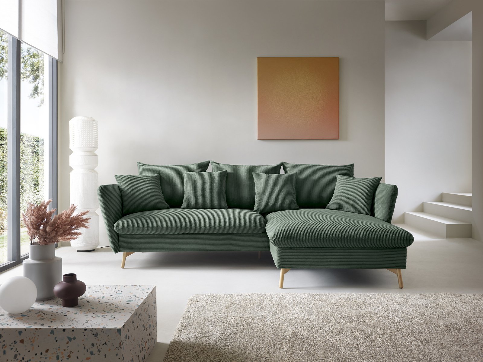 Narożnik skandynawski z funkcją spania MORRE Poso 14 Butelkowa Zieleń sztruks