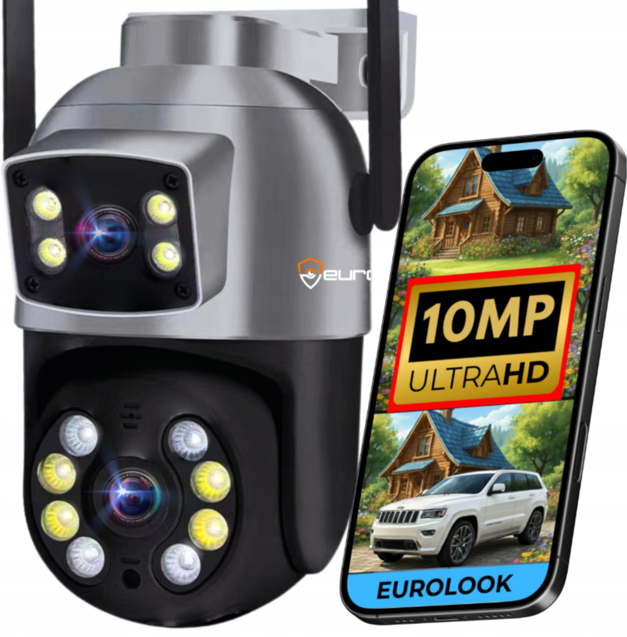 PODWÓJNA KAMERA WIFI IP ZEWNĘTRZNA OBROTOWA 10MPX MIKROFON UHD FUNKCJE AI