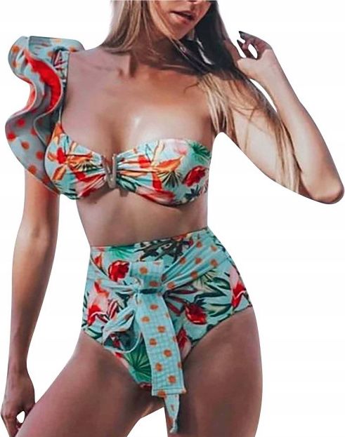 Pan i Pani Gadżet Strój kąpielowy z wysokim stanem w kwiaty z falbaną