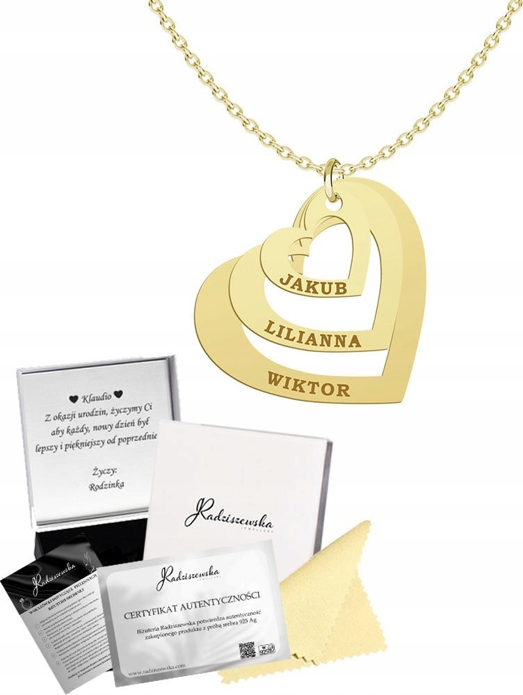 Radziszewska Jewellery Złoty Naszyjnik dla Mamy Serce Imię Dziecka SREBRO 925 Dzień Matki Grawer
