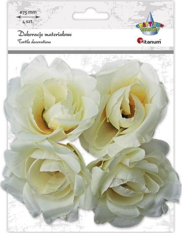 Materiałowe róże 3D 75mm białe na druciku 4szt