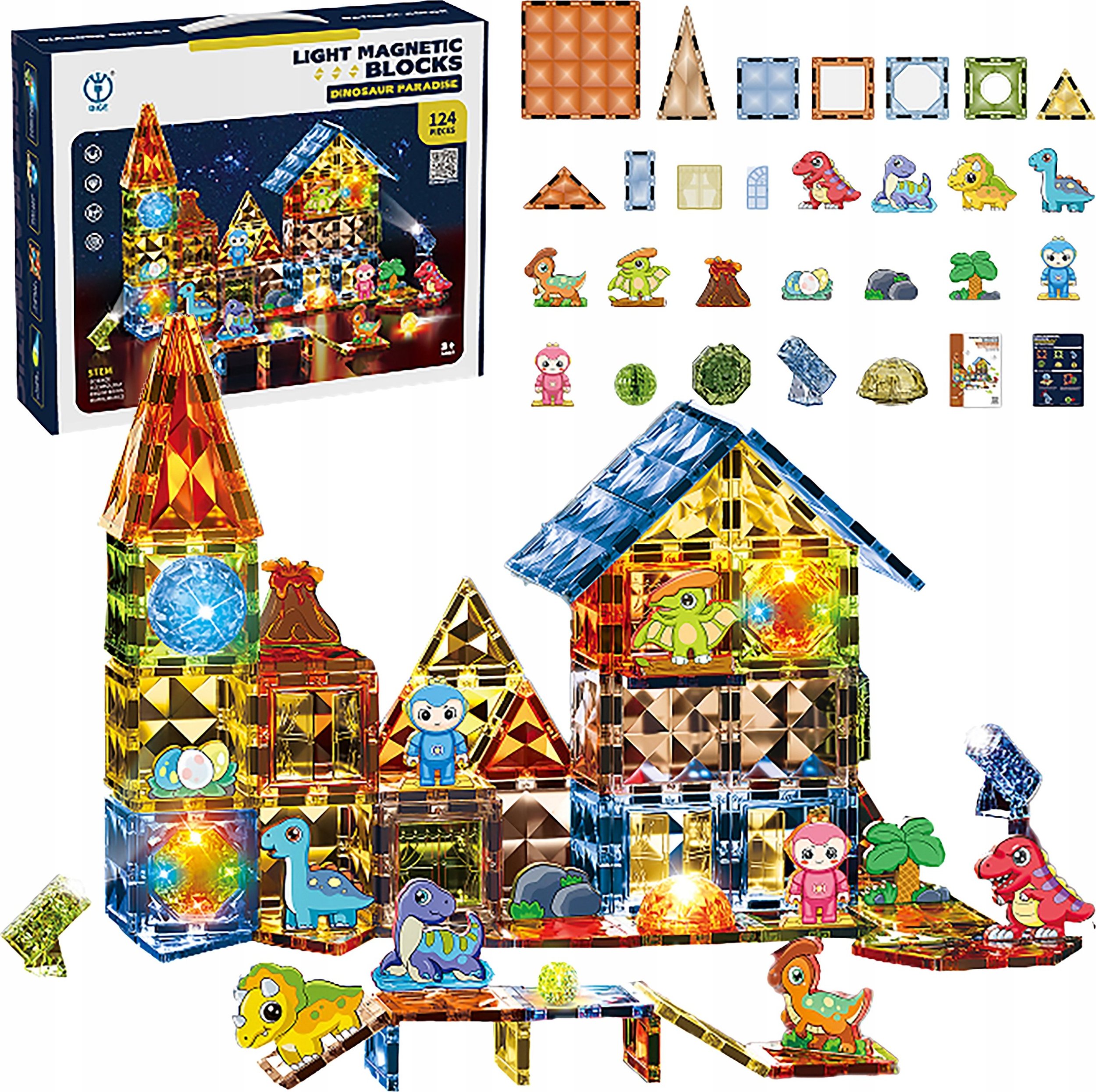 Konstrukcyjne Klocki Magnetyczne Świecące Elementy PARK DINOZAURÓW 124 El.