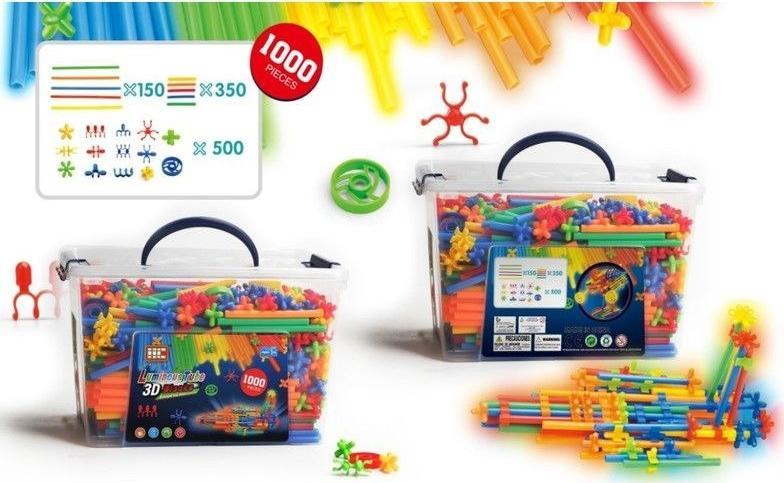 Słomki Konstrukcyjne, Klocki , Patyczki 1000 El, Kuferek, Świecące W Ciemności Nowa Wersja 3D