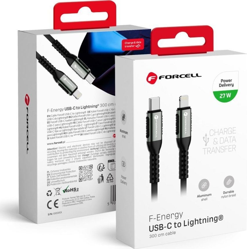 Kabel USB ForCell USB-C - Lightning 3 m Czarny