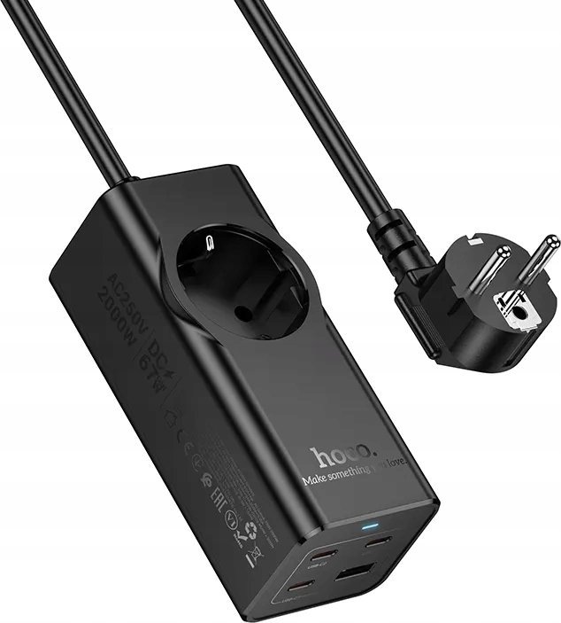 HOCO listwa zasilająca 1 gniazdo + USB A + 3 x Typ C PD QC3.0 3A 67W NS9 2 m czarna
