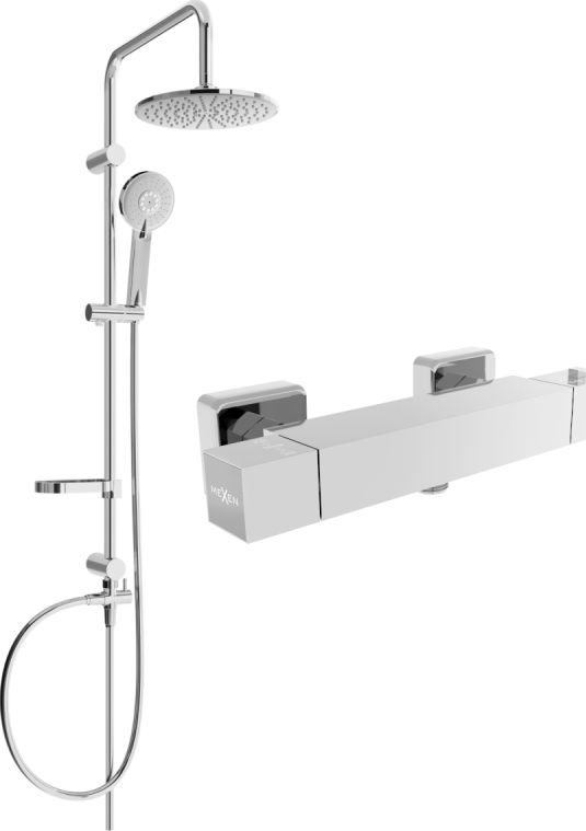 Zestaw prysznicowy Mexen Mexen Carl zestaw prysznicowy natynkowy z deszczownicą i baterią prysznicową termostatyczną Cube, chrom - 77200240-00