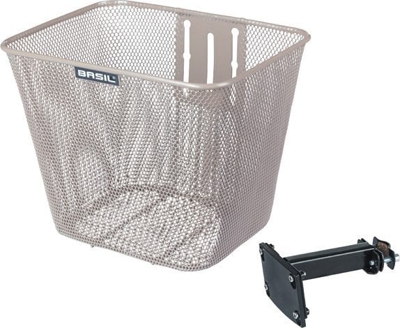 Kosz na kierownicę BASIL BILBAO, Fixed ze wspornikime do mocowania na główce ramy 22-25,4mm , Stalowy, Nude Metallic (NEW 2025)