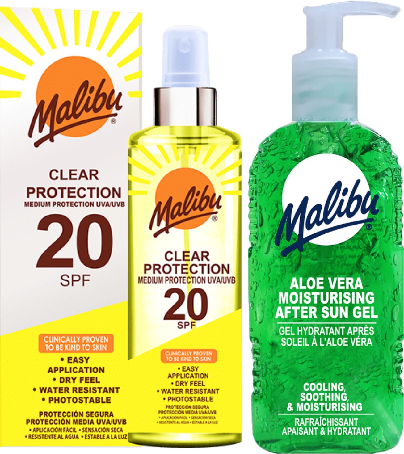 Malibu SPF20 Przezroczysty Spray Ochronny 250ml + Aloe Żel Po Opalaniu 200ml