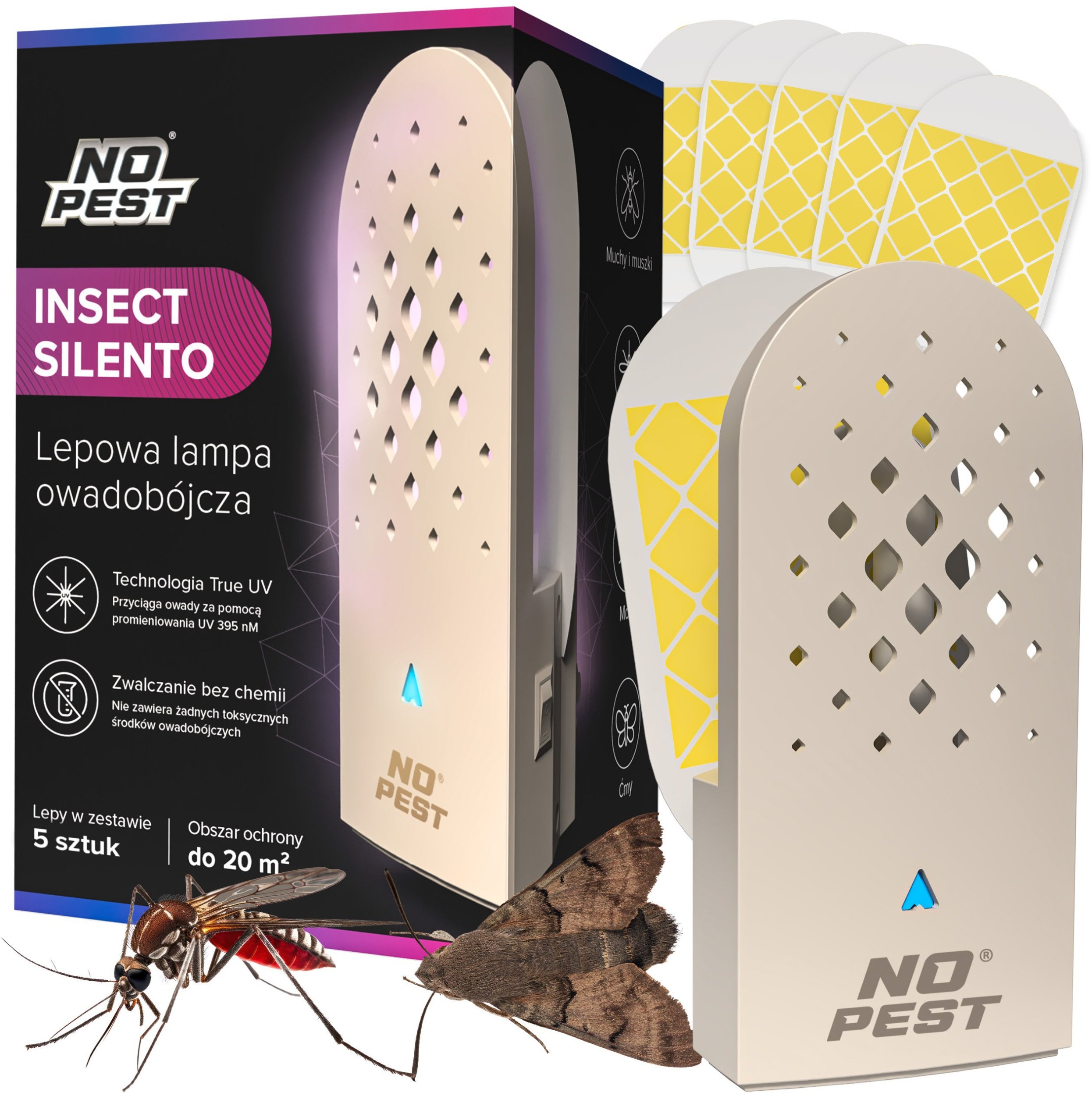 Lepowa Lampa Owadobójcza UV Pułapka na Komary Muchy Muszki Meszki Mole Ćmy I Inne Owady Latające + Zestaw 5 lepów