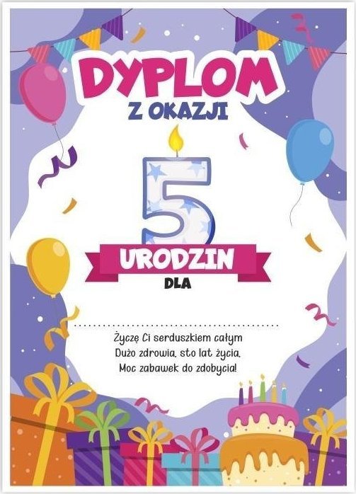 LearnHow Dyplom A5 urodzinowy - piąte urodziny 5szt