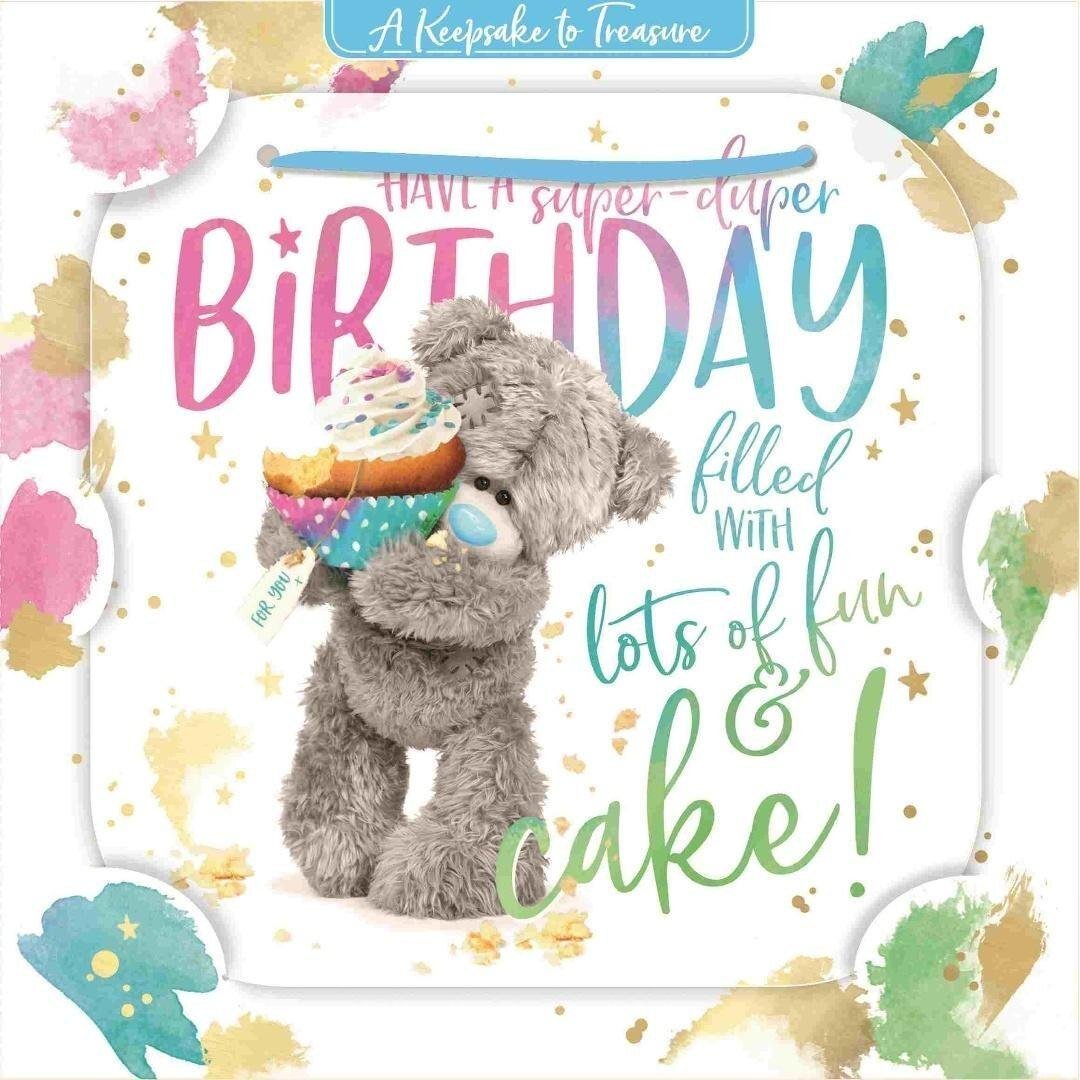 Karnet holograficzny 3D - Miś trzymający babeczkę