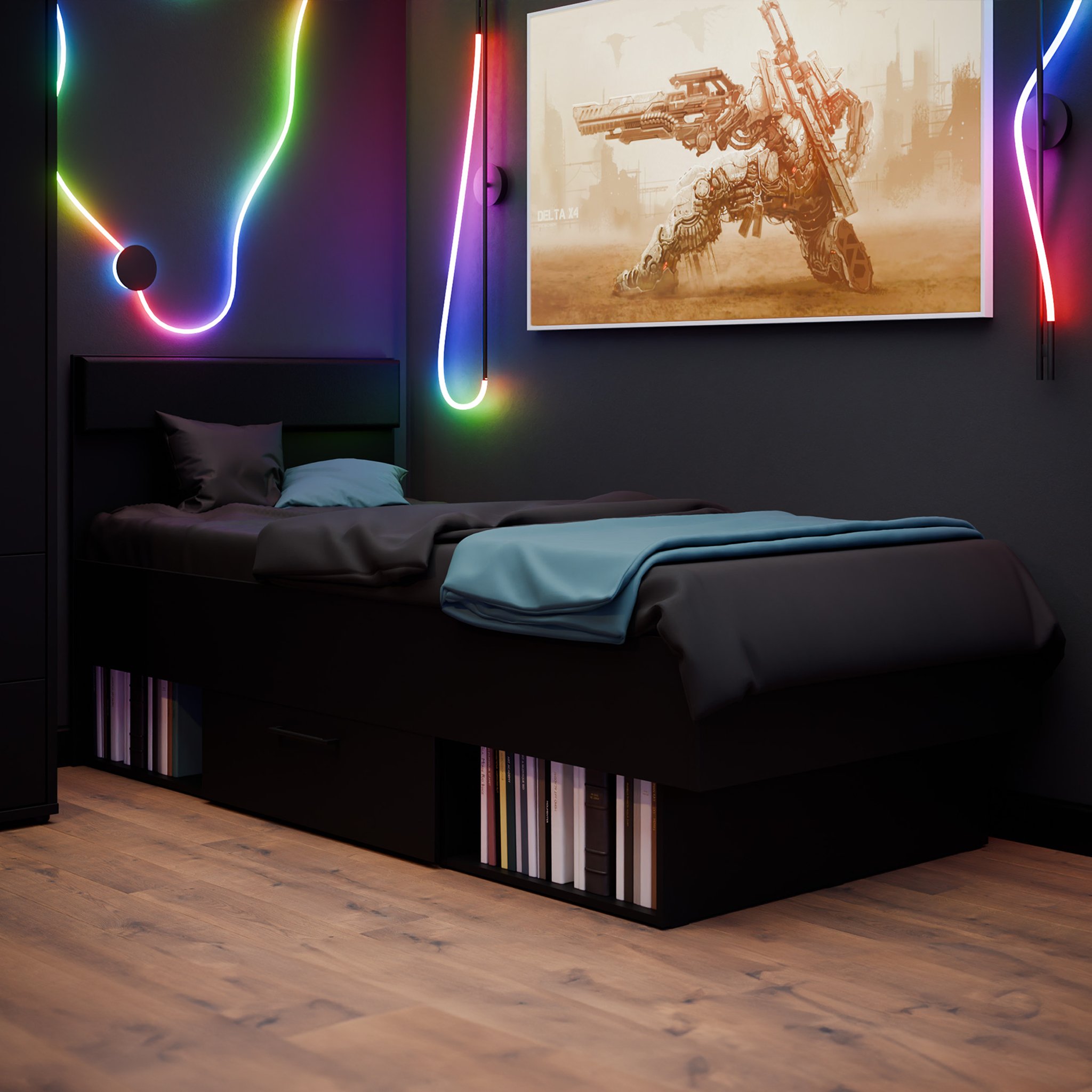 Czarne Łóżko Młodzieżowe Z Szufladą 90X200 Hypernova109