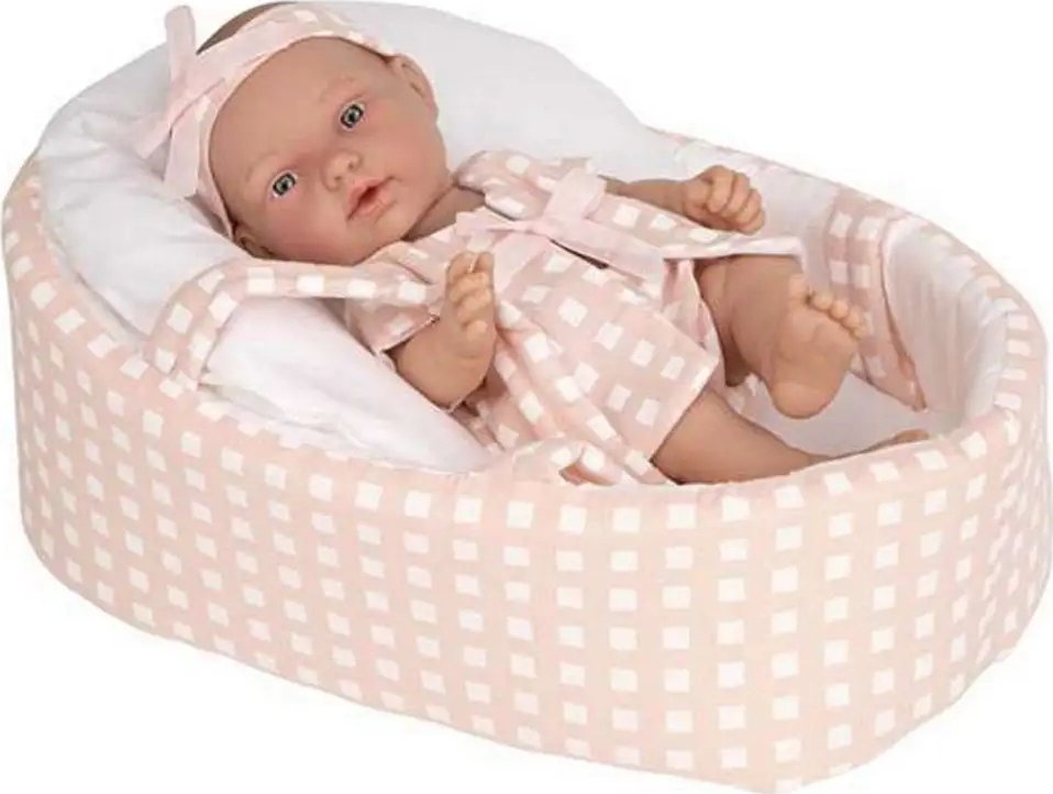 Munecas Arias lalka w kratkę w pomarańczowym nosidełku, 26 cm