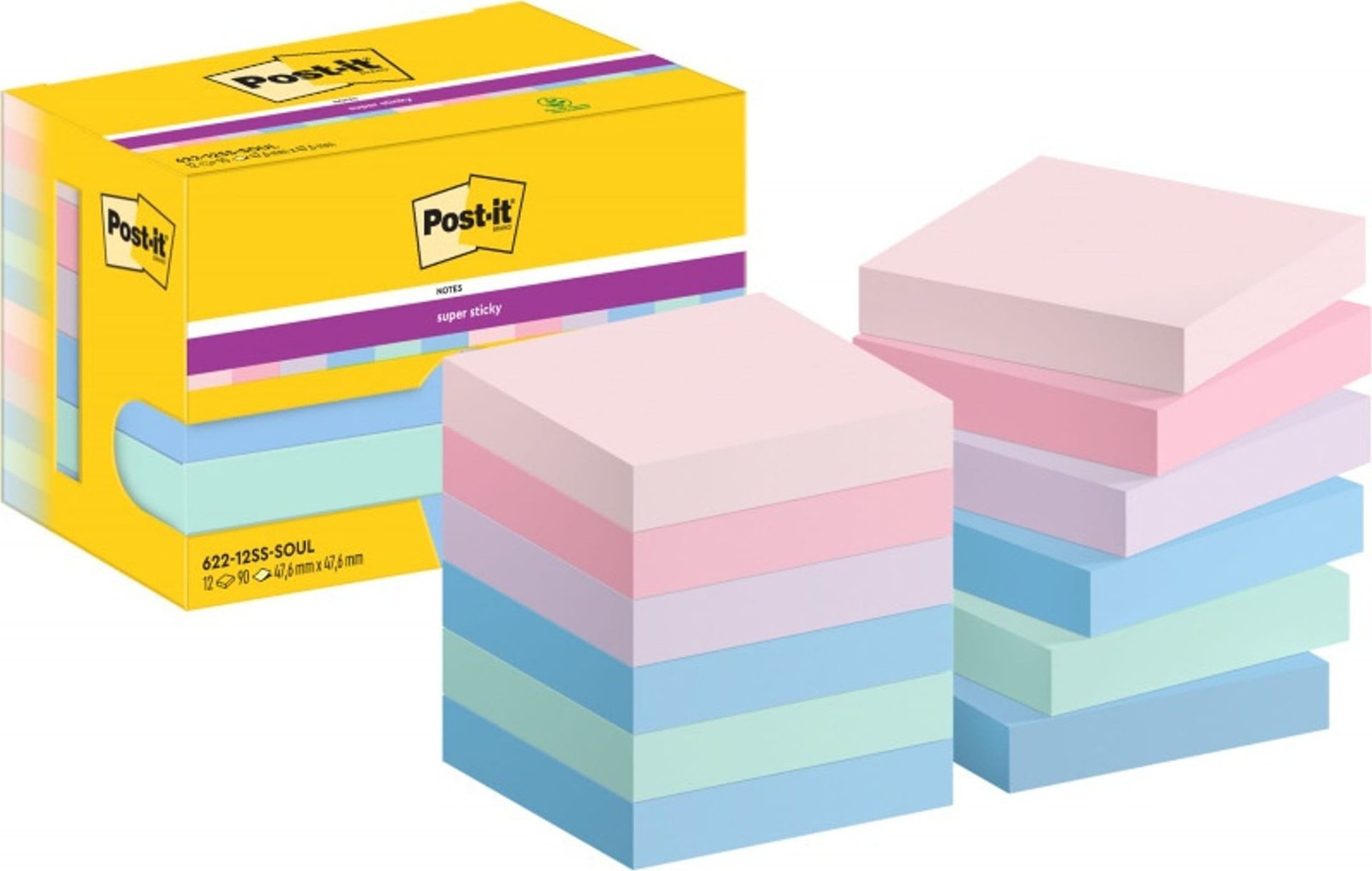 Post-it Karteczki Post-it Super Sticky 47.6x47.6mm (622-12SS-SOUL) pastelowe (12x90)