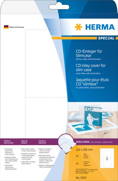 Herma Wkładki kartonowe 5033, A4, do opakowań na płyty CD i DVD, białe, bez kleju, 121 x 242 mm, typ slimcase, 25 szt (5033)