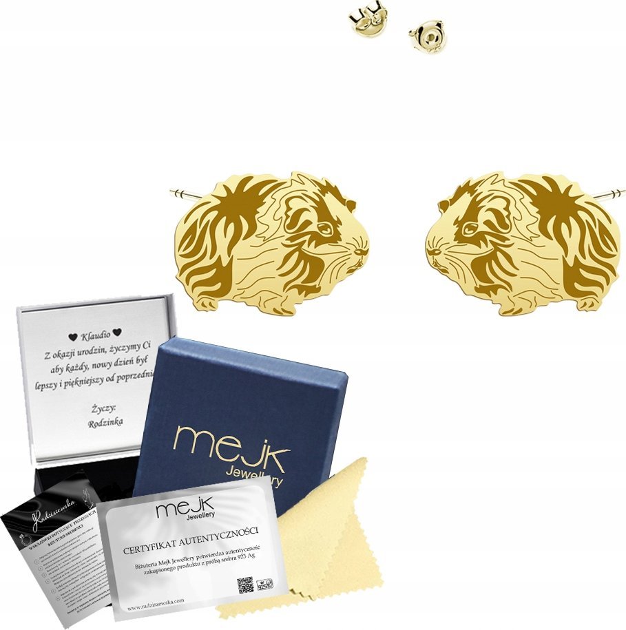 Radziszewska Jewellery Kolczyki Złote ze Świnką Morską Sztyfty SREBRO 925 Prezent DEDYKACJA GRATIS