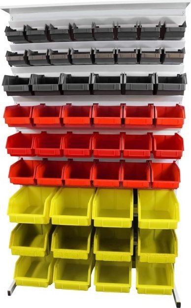 Leomar Regał do pojemników warsztatowych, dwustronny. Wym: 1690x940x650mm z półką 104 pojemników, czarne, czerwone, żółte