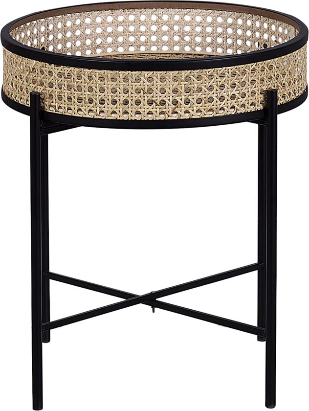 Beliani Stolik pomocniczy z tacą czarny z jasnym rattanem VIENNA
