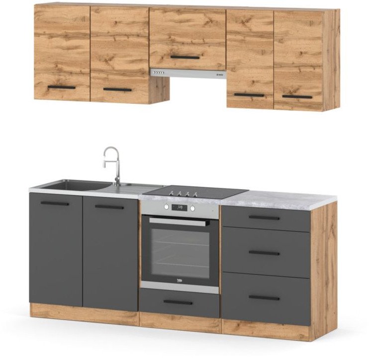 Kuchnia Modułowa Mała Nowoczesna Blat 2.0m Drewniane Wotan Dąb Wotan Szary