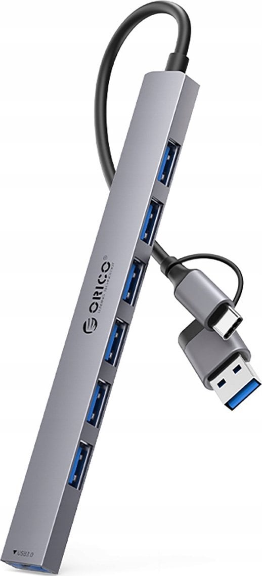 HUB 7-portowy input 2w1: USB-A/USB-C / output: 1x USB-A 3.0 + 6x USB-A 2.0 - szary
