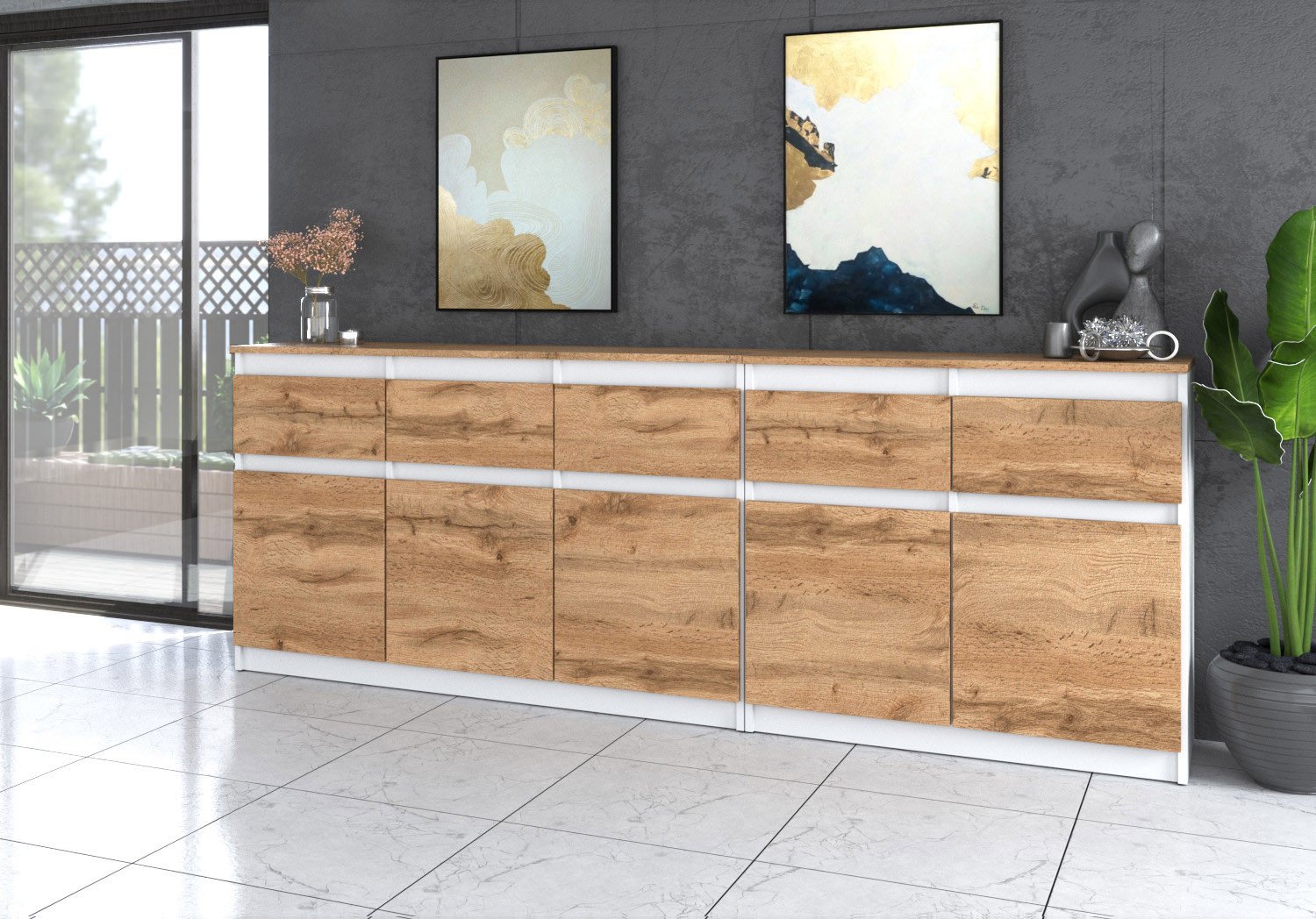 Komoda Do Salonu Sypialni Nowoczesna 200cm 5 Szuflad Biała Mat Dąb Wotan