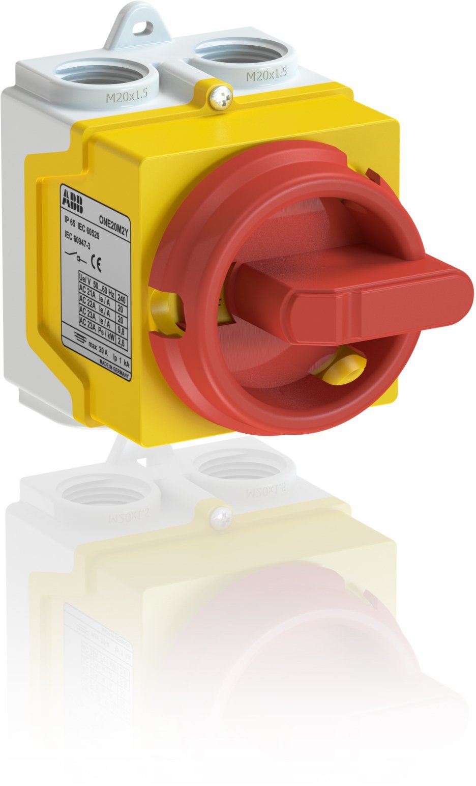 ABB Rozłącznik izolacyjny w obudowie 2P 400V AC22 20A obudowa IP67 plastikowy pokrętło żółto-czerwony ONE20M2Y 1SCA135533R1001