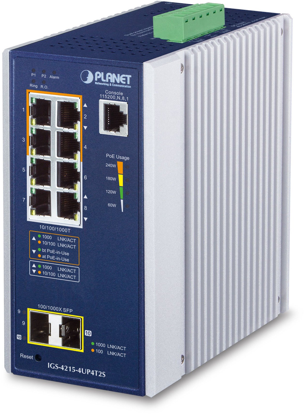 PLANET IGS-4215-4UP4T2S łącza sieciowe Zarządzany L2/L4 Gigabit Ethernet (10/100/1000) Obsługa PoE Aluminium, Niebieski