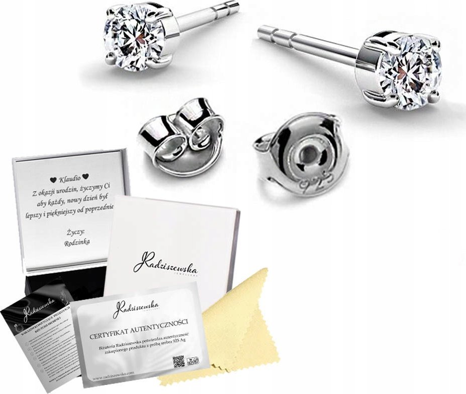 Radziszewska Jewellery Kolczyki Srebrne z Cyrkoniami 925 Sztyfty Prezent DEDYKACJA GRATIS