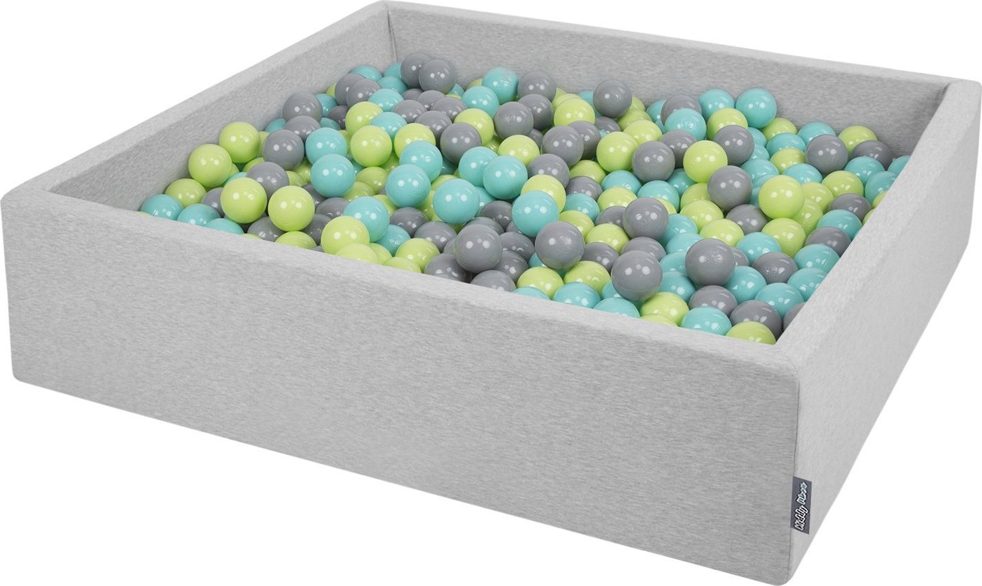 KiddyMoon Suchy basen kwadratowy z piłeczkami 7cm 120x30 jasnoszary: jasny zielony-jasny turkus-szary 120x30/600piłek Zabawka basen piankowy