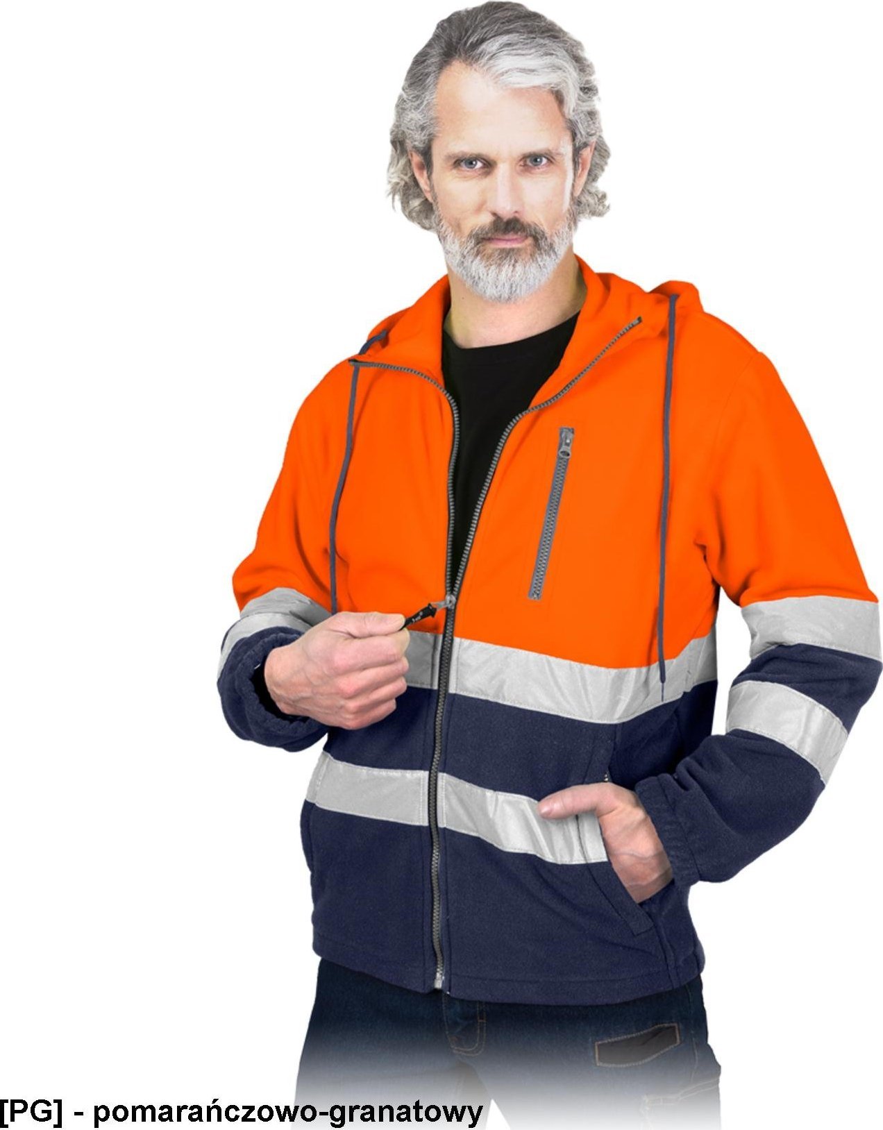 R.E.I.S. POLSTRIP-HD - bluza polarowa, stójka, pasy odblaskowe, stały kaptur, dzianina 100% poliester 290 g/m - pomarańczowo-granatowy 2XL