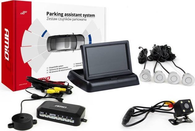 AMiO Zestaw czujników parkowania tft02 4,3" z kamerą hd-315-led 4 sensory srebrne
