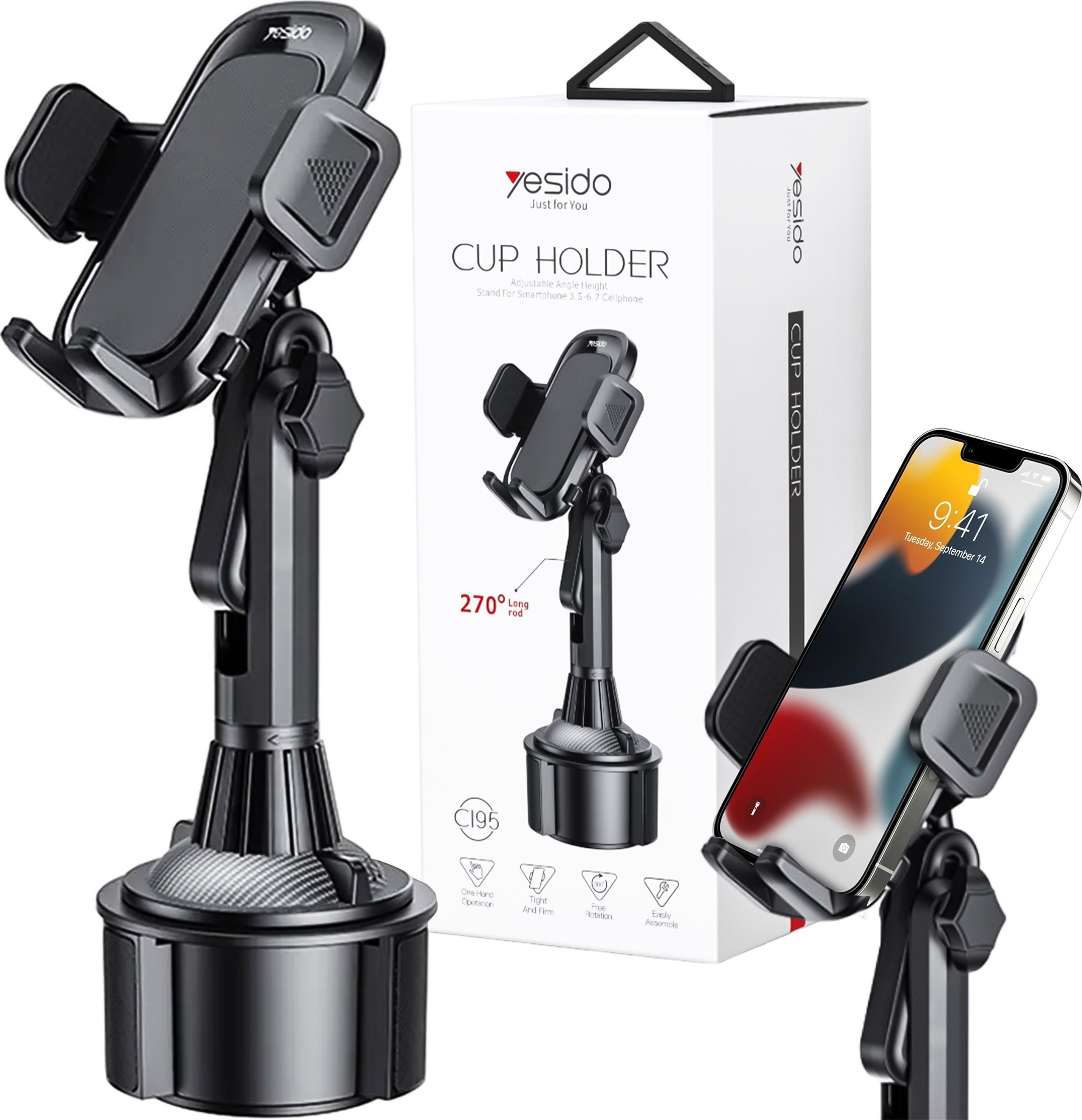 Yesido Uchwyt samochodowy na telefon obrotowy 360 do samochodu w miejsce na kubek Cup Holder Yesido C195 Czarny