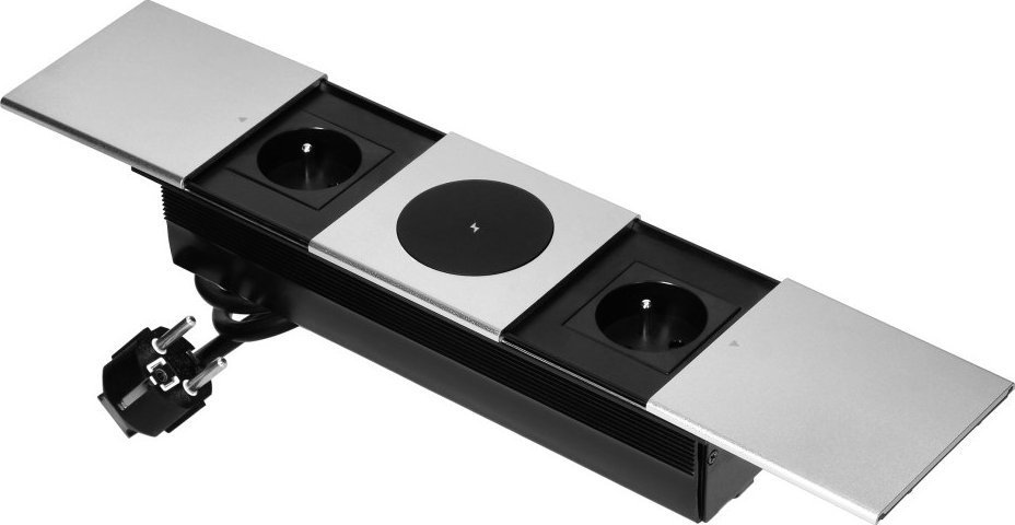 Gniazdo meblowe z przesuwną pokrywą, 2x2P+Z (French), ładowarka bezprzewodowa, srebrne