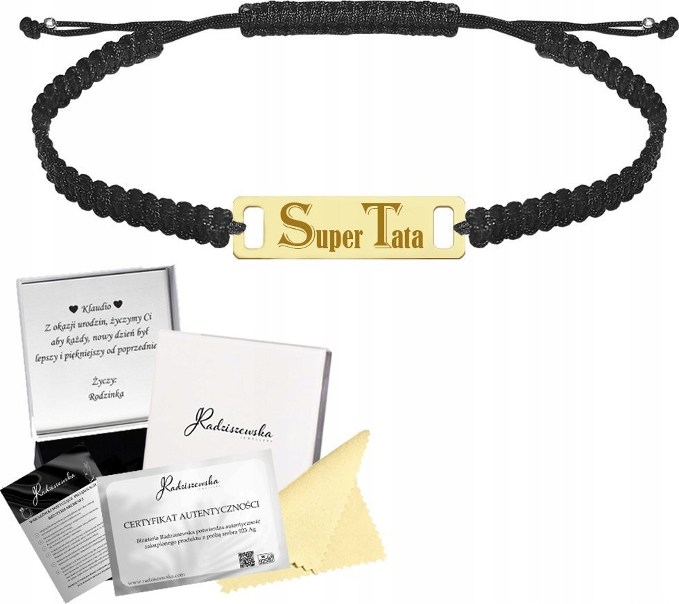 Radziszewska Jewellery Złota Bransoleta Super Tata Blaszka z Grawerem SREBRO 925 Sznurek Prezent