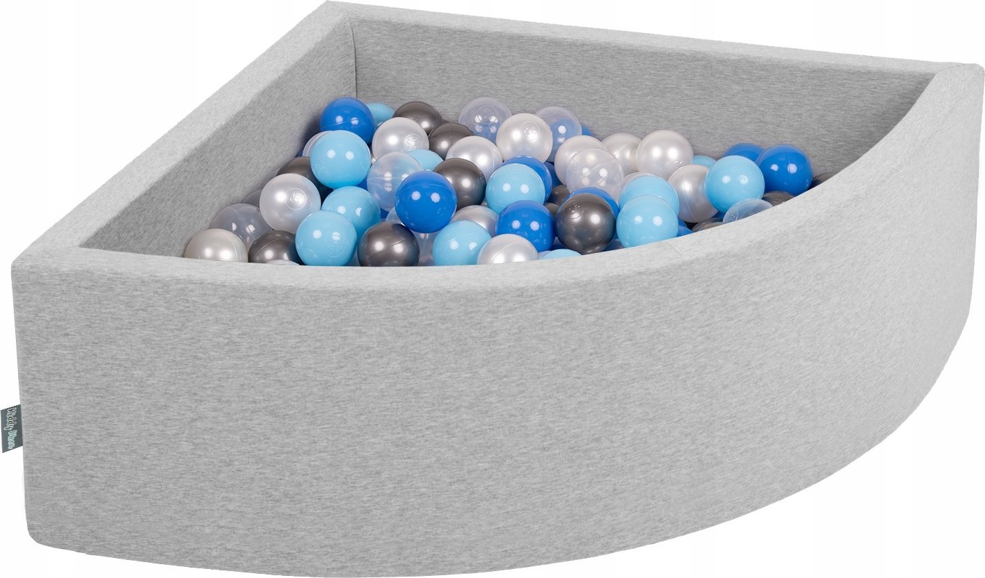 KiddyMoon Suchy basen trójkątny z piłeczkami 7cm jasnoszary: perła-niebieski-babyblue-transparent-srebrny 90x30cm/300piłek Zabawka basen piankowy