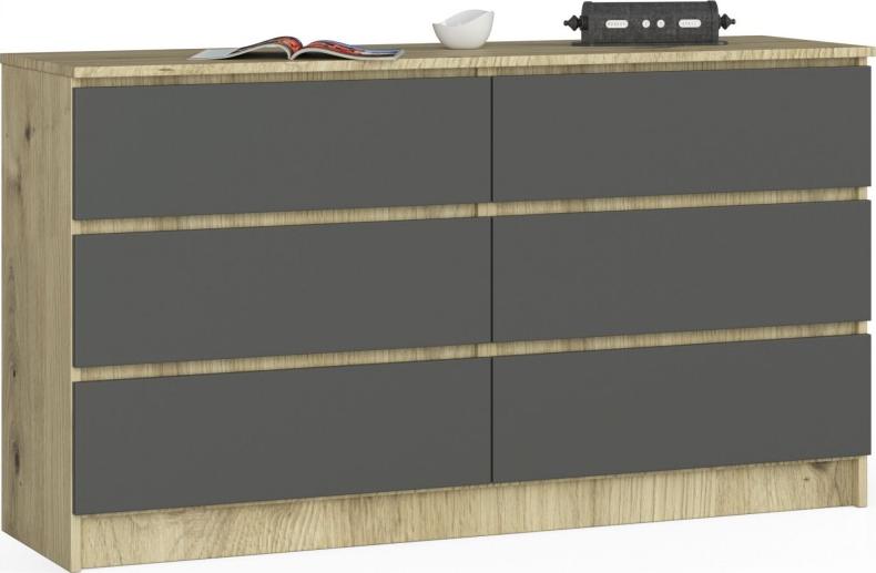 Fabryka Mebli Akord Komoda K 140 cm 6 szuflad - dąb artisan-grafit szary