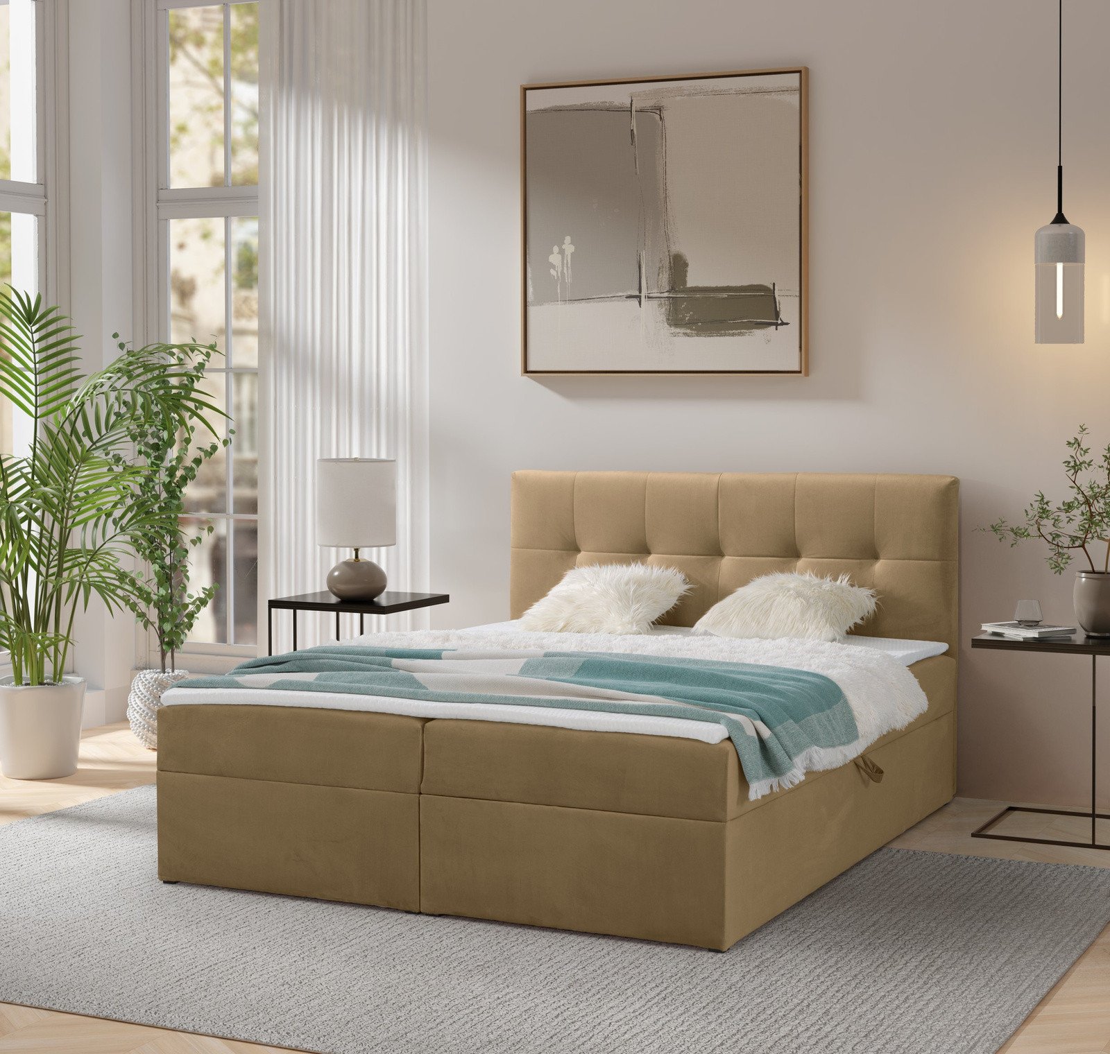 Łóżko kontynentalne Toronto 140200 (Amor Velvet 4302 - Jasny brąz) z materacem bonell i topperem