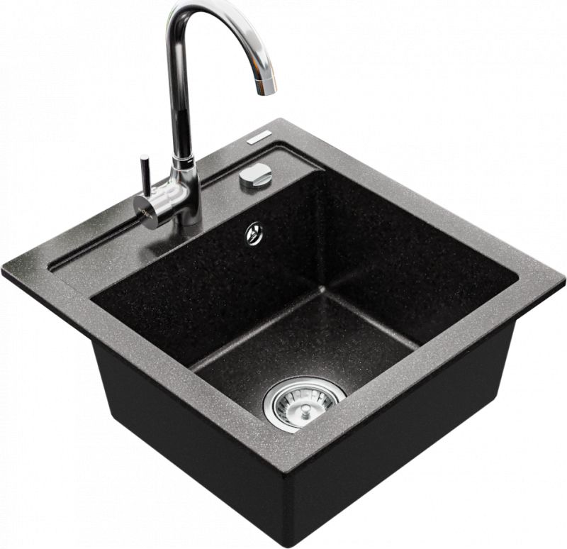 Zlewozmywak Mexen Vito granitowy 1-komorowy z baterią kuchenną Telma, czarny nakrapiany - 6503-76-670200-00
