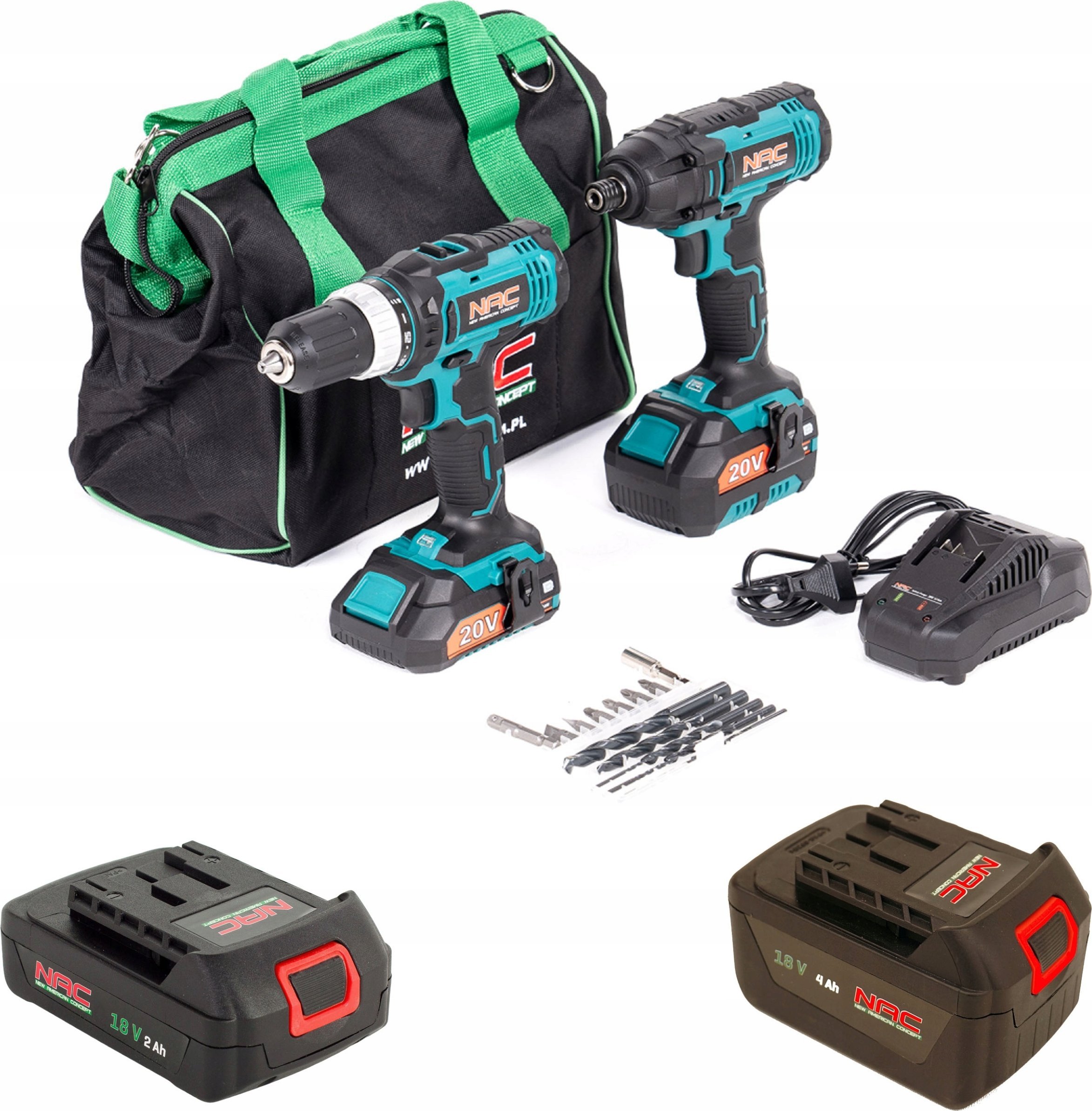 Zestaw elektronarzędzi NAC Zestaw wiertarko-wkrętarka + zakrętak udarowy CDB-ID-ST2-20V + akumulatory 2,0 Ah + akumulator 4,0 Ah + Ładowarka