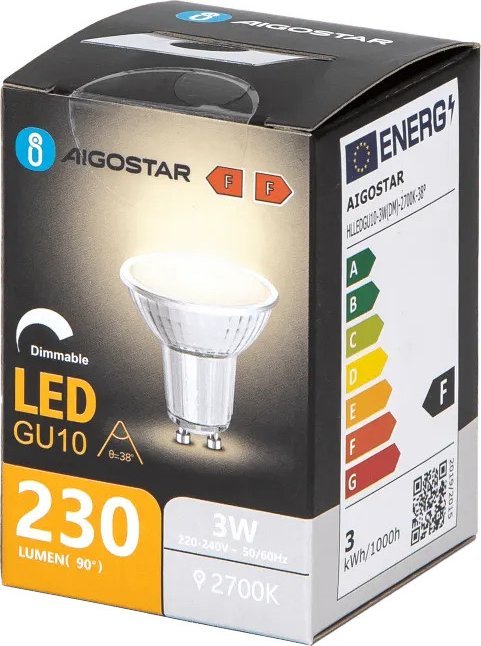 Aigostar Żarówka LED GU10 3W 2700K z możliwością ściemniania i szklanym kloszem LED GU10 3W 2700K z możliwością ściemniania i szklanym kloszem