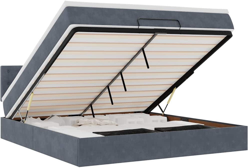 Rama łóżka otomana z materacem, szara, 160x200cm, aksamit