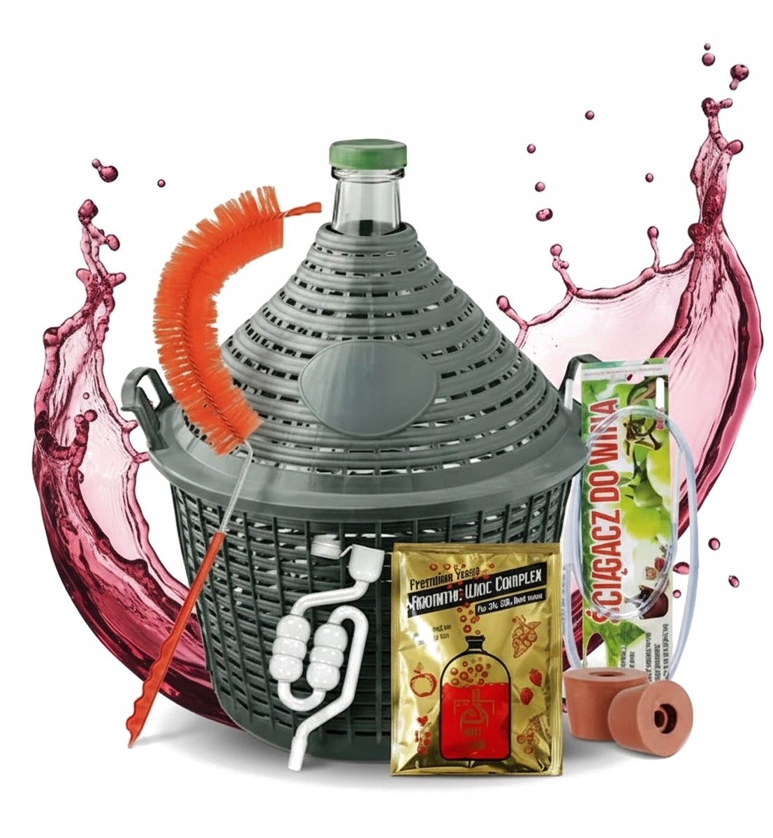 BALON NA WINO 54L w koszu ZESTAW Korek Rurka Szczotka Ściągacz Drożdże WINO